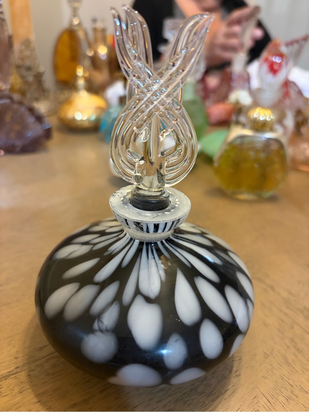 Vintage Silvestri Black & White Art Glass Perfume Bottle with Ribbon Loop Stoppe